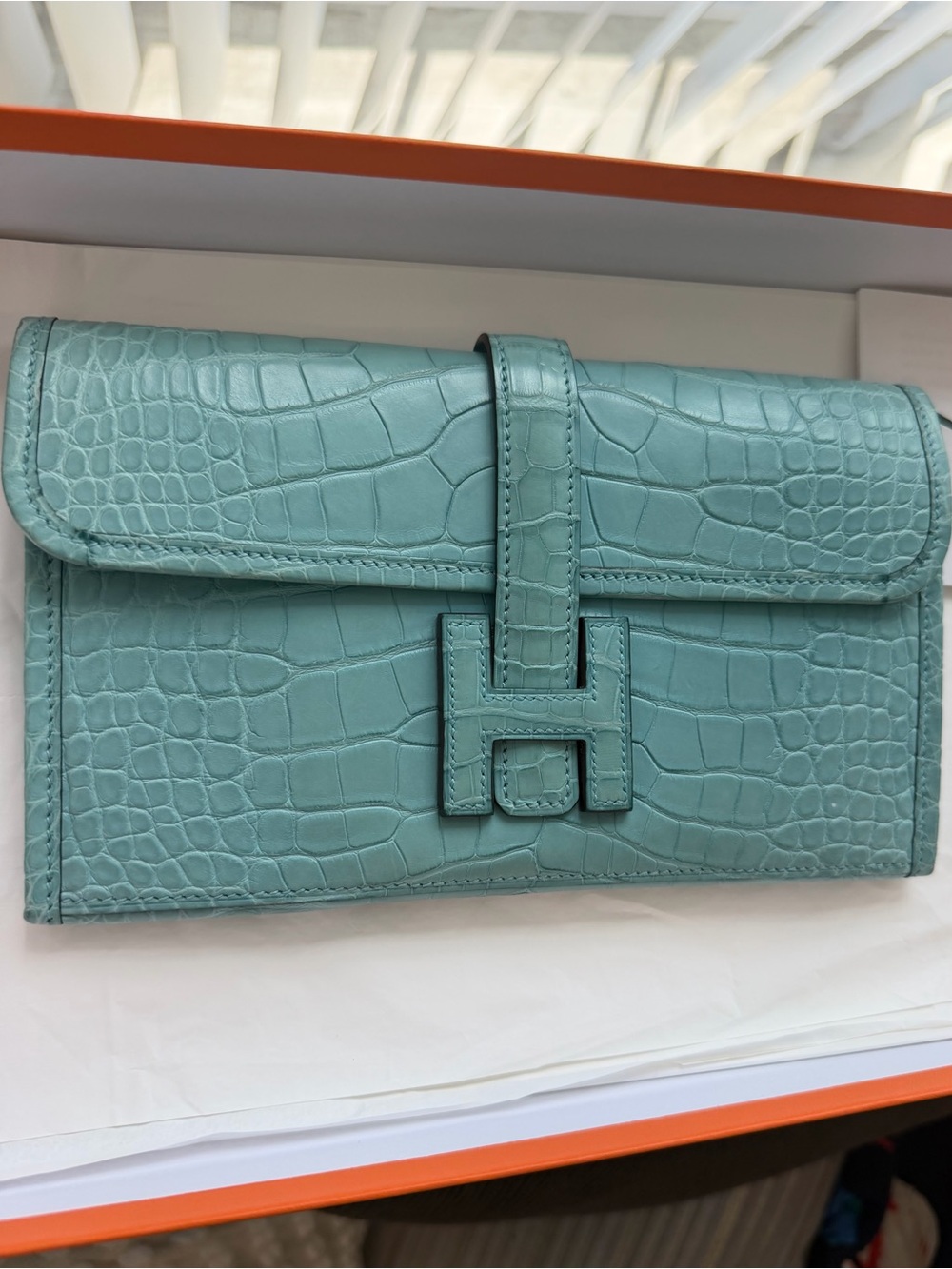 Hermes Matte Alligator Jige Duo Clutch.